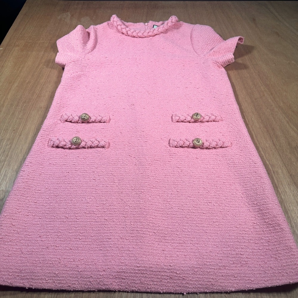 Tuckernuck Jackie Tweed Dress L Coral Pink Shift Mini Gold Buttons Preppy
